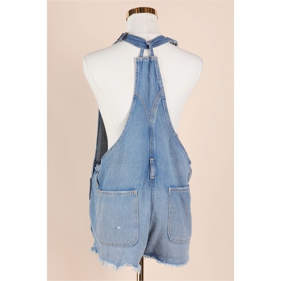 Sz S Abercrombie & Fitch Light-Medium Wash Distressed Cotton Shortall Overalls - Picture 4 of 5